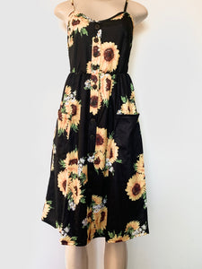 Womens Boho, Beach, Casual, Sunflower Mid Dress With Pockets