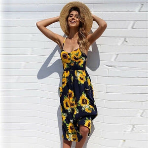 Womens Boho Sunflower Halter Top Beach Casual Dress With Pockets