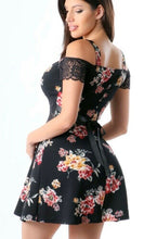 Load image into Gallery viewer, FLOWER PRINT PRINT DESIGN SHORT LACE SLEEVE COLD SHOULDER FIT AND FLARE DRESS