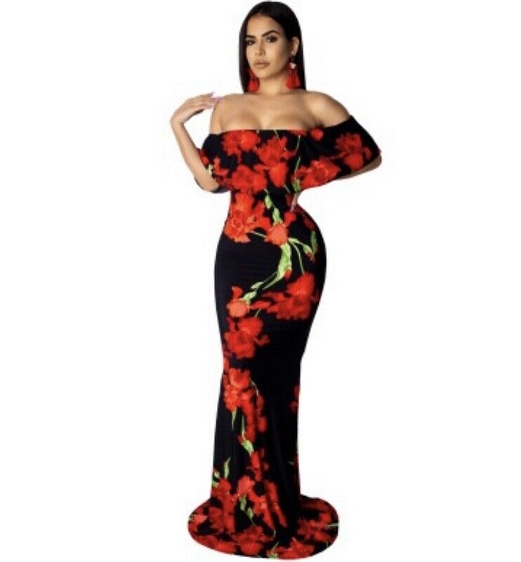 Women’s off shoulder dress Hawaiian boho floral evening gown long maxi dress
