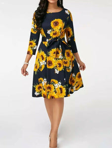 Popular sunflower printed vintage retro style dress with waist bow tie
