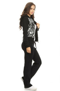Active fleece training set with printed zip up hoodie and flared pants top and bottoms
