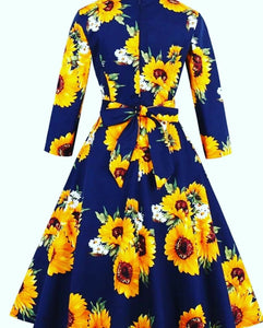 Popular sunflower printed vintage retro style dress with waist bow tie
