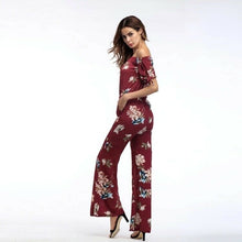 Load image into Gallery viewer, Women’s off shoulder long sleeve wine floral print jumpsuit stretchy