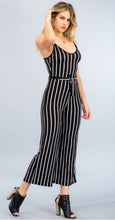 Load image into Gallery viewer, wide leg jumpsuit a stretch knit jumpsuit with all over pinstripe v-neck