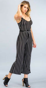 wide leg jumpsuit a stretch knit jumpsuit with all over pinstripe v-neck