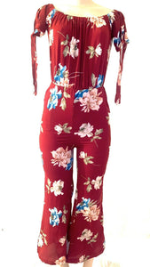 Women’s off shoulder long sleeve wine floral print jumpsuit stretchy