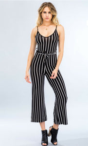 wide leg jumpsuit a stretch knit jumpsuit with all over pinstripe v-neck
