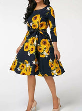 Load image into Gallery viewer, Popular sunflower printed vintage retro style dress with waist bow tie