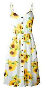 Womens Boho, Beach, Casual, Sunflower Mid Dress With Pockets