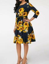 Load image into Gallery viewer, Popular sunflower printed vintage retro style dress with waist bow tie