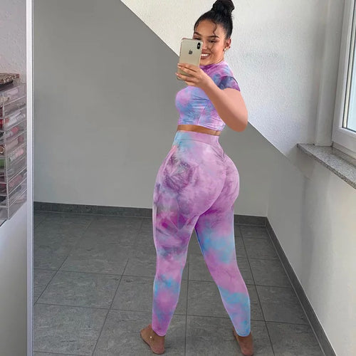 Women’s two piece set top and bottom tie dye yoga workout high waist leggings and crop top