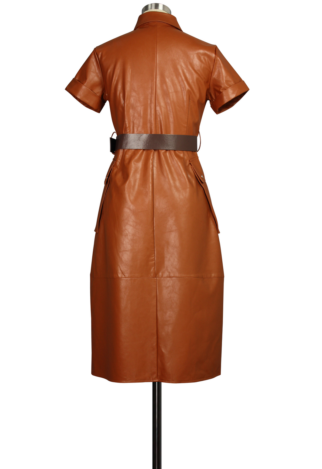 Women’s Faux Leather With Belt Button Dress With Side Pockets