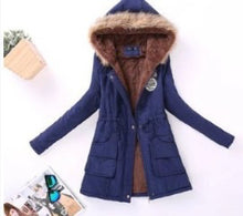 Load image into Gallery viewer, Womens Warm Long Coat Fur Collar Hooded Jacket Slim Winter Parka Outwear Coats with pockets light weight comfortable warm