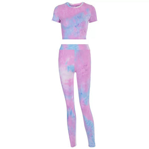 Women’s two piece set top and bottom tie dye yoga workout high waist leggings and crop top