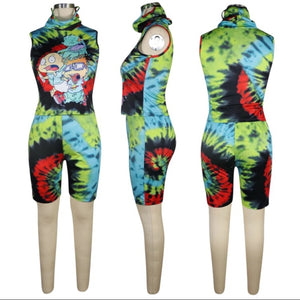 Women’s Two Piece Running Yoga Casual Tie Dye Pattern Biker Shorts With Top