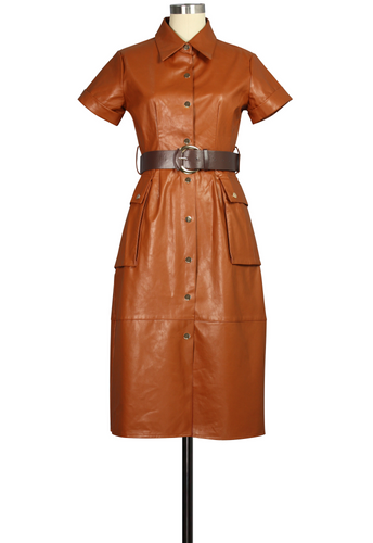 Women’s Faux Leather With Belt Button Dress With Side Pockets