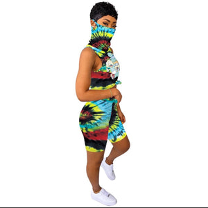 Women’s Two Piece Running Yoga Casual Tie Dye Pattern Biker Shorts With Top