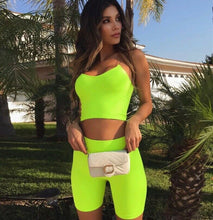 Load image into Gallery viewer, High waist 2 Piece Set Biker Shorts Top And Bottoms Neon Green